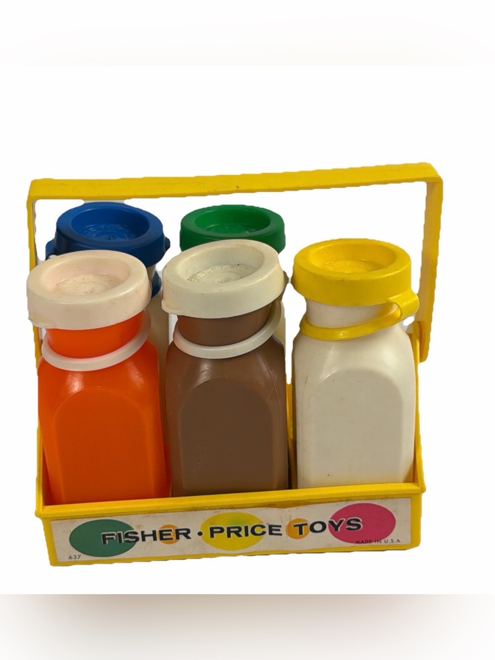 Vintage Fisher Price 5 Milk Bottles & Carrier #637